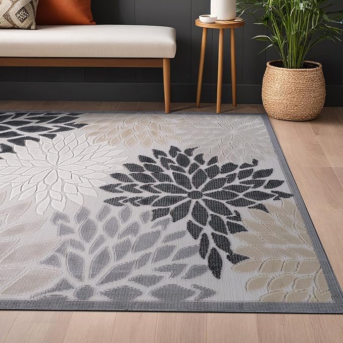 Beverly Rug Outdoor Rug 10x14 Large Modern Floral Tropical Area Rugs for Indoor and Outdoor Patio Easy to Clean Non Shedding Living Room Porch Garden Washable Outside Carpet (10 x 14 Beige)