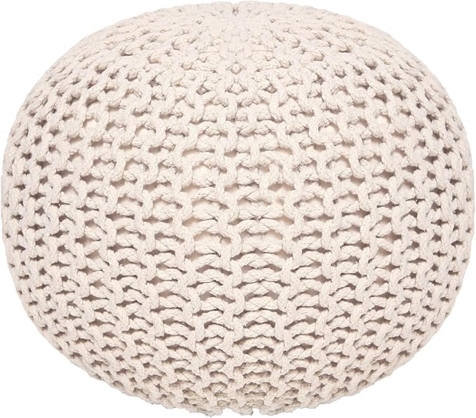 REDEARTH Round Pouf Ottoman - Cable Knitted Boho Poof - Home Décor Cord Pouffe Handmade Circular Footrest for Living Room - Bedroom - Kids Bedroom - 100% Cotton Pouf (19.5"x19.5"x14") - Natural