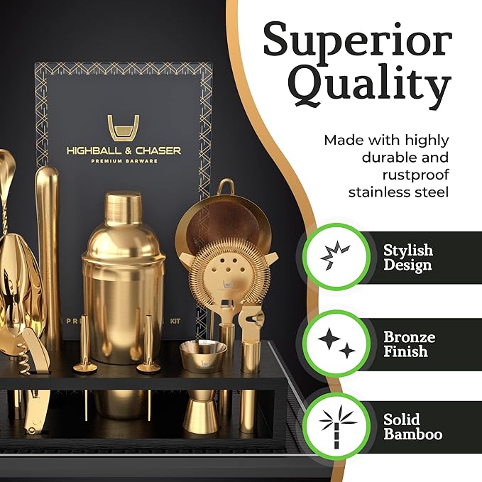 Highball & Chaser Bartender Kit with Espresso Bamboo Stand. Beautiful Cobbler Cocktail Shaker Set with Bar Tools Rustproof Stainless Steel Bar Set (Matte Gold)