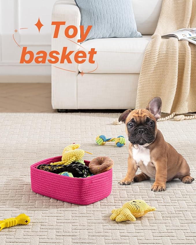 KALLAX Small Woven Basket, 12 x 8 x 4.5 Inches, Storage Basket for Organizing, Cute Small Rope Shelf Closet Cube Storage Bins Baskets for Shelves, Dog Toy Gift Baskets Empty, 3 Packs, Hot Pink