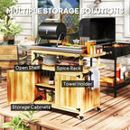 Outsunny Outdoor Grill Cart with Wheels and Storage, Solid Wood Outdoor Kitchen Island with Stainless Steel Top, Movable Bar Cart with Spice Rack, Side Handle, Integrated Hole for BBQ, Natural Wood