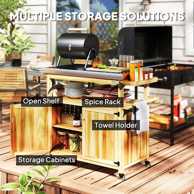 Outsunny Outdoor Grill Cart with Wheels and Storage, Solid Wood Outdoor Kitchen Island with Stainless Steel Top, Movable Bar Cart with Spice Rack, Side Handle, Integrated Hole for BBQ, Natural Wood