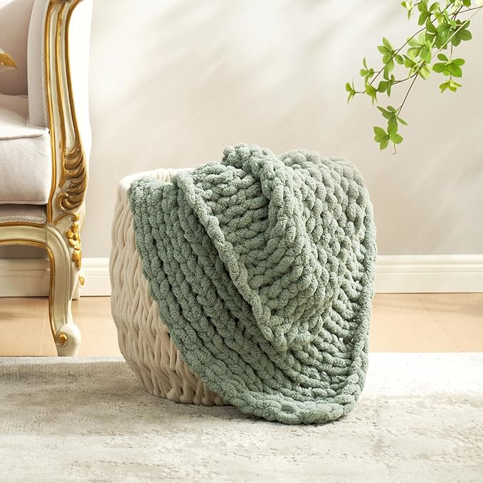 Amélie Home Chunky Knit Throw Blanket for Couch, Soft Chenille Crochet Blanket for Sofa, 50"x60", Sage Green
