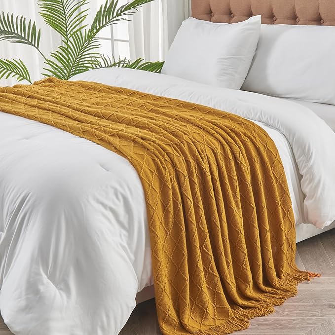 inhand Knitted Fall Throw Blanket for Couch and Bed, Knit Fall Decor Halloween Blanket with Tassel, Brown Lightweight Decorative Farmhouse Warm Woven Blankets and Throws for Women, 50"x60"
