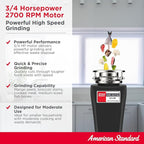 American Standard 10-US-AS-7-SL Garbage Disposal Anti-Jam Stainless Steel Food Waste Grinding System, Slim Line, 3/4 HP, Black