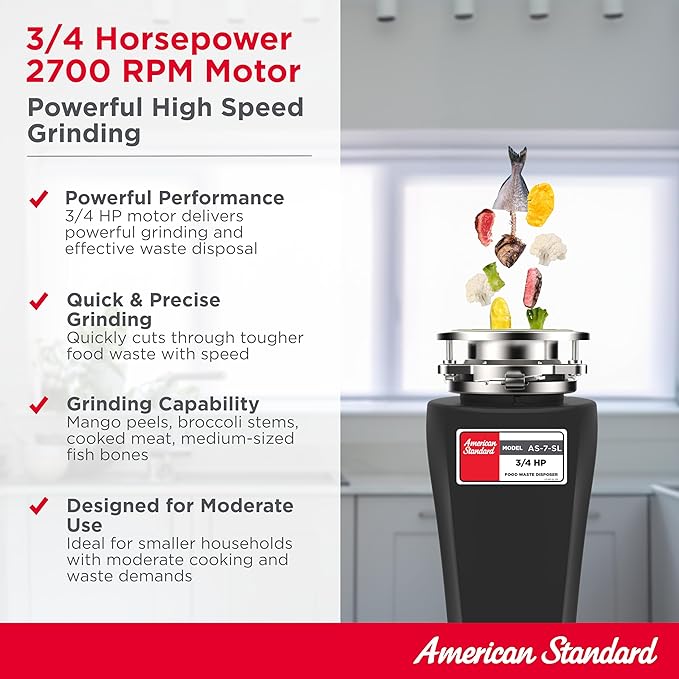 American Standard 10-US-AS-7-SL Garbage Disposal Anti-Jam Stainless Steel Food Waste Grinding System, Slim Line, 3/4 HP, Black