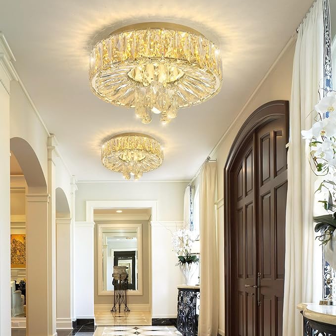 Mini Chandelier Modern Crystal Chandeliers for Hallway LED Flush Mount Ceiling Light Dimmable Light Fixture for Dining Room Living Room Bedroom