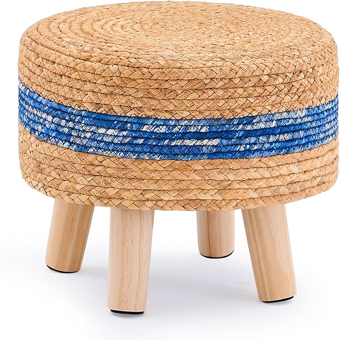 Handwoven Round Ottoman, Natural Water Hyacinth Outdoor Patio Pouf Seagrass Low Stool with Wood Legs, Soft Padded Footrest for Living Room Bedroom Garden, Blue