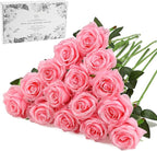 Pink Fake Roses Artificial Flowers - 16 Pcs Fake Artificial Roses Silk Flowers with Stems for Home Wedding Hotel Office Centerpiece Decor