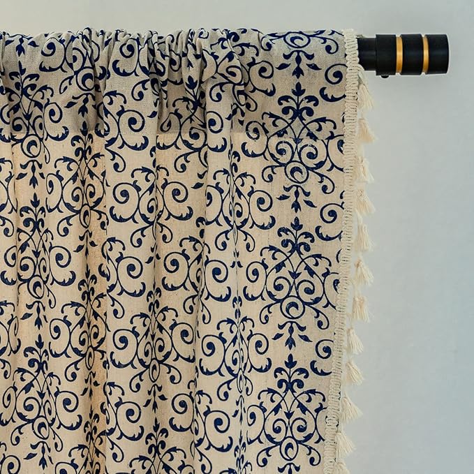 Sutuo Home Boho Curtain 84 Inches Length Semi-Blackout Bohemian Damask Moroccan Florals Print Darkening Curtains Tassels, Rod Pocket Window Treatment Drapes for Bedroom, 1 Panel 59" W x 84" L, Blue