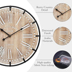 24 Inch Grand Farmhouse Wall Clock, Vintage-Inspired Wood & Metal Design with Large Etched Numbers, Silent Battery-Powered Timepiece for Offices, Kitchens, Bedrooms, and Living Rooms