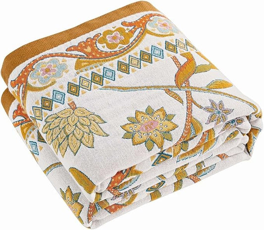 Fall Throw Blanket for Couch, Brown Boho Decorative Throw Blanket, 100% Cotton Muslin Breathable Woven Farmhouse Blankets Quilt, 80"x90" Reversible Lightweight Blankets Bohemian Throw Quilt