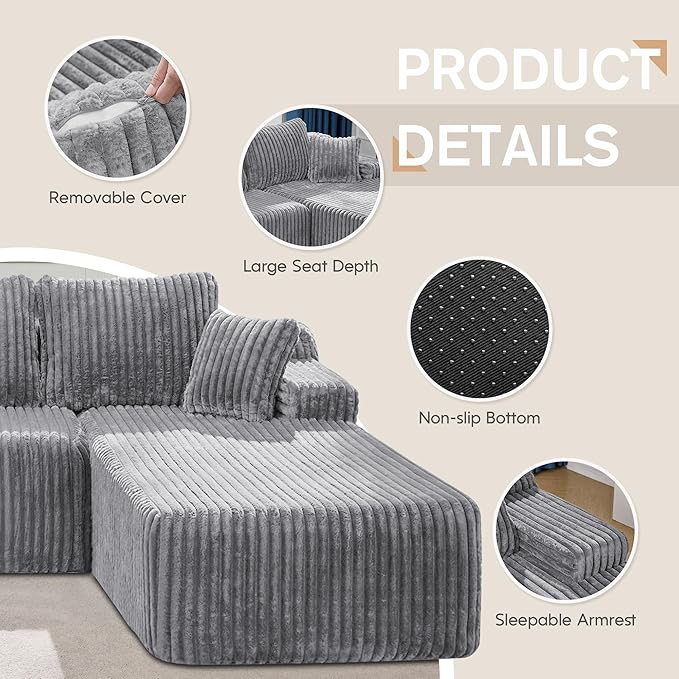Hobestluk Modular Sectional Sofa Couches 108" L-Shape Couch 3 Seat Modular Sofa Memory Foam Sectional Couches for Living Room, Boneless Couch with Oversized Chaise (Light Grey, Right Facing)
