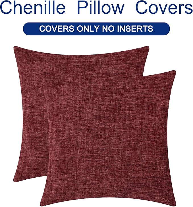 CaliTime Throw Pillow Covers Decorative 18 X 18 Inches Pack of 2 Cozy Chenille Cushion Cases for Couch Sofa Bed Living Room Home Burgundy