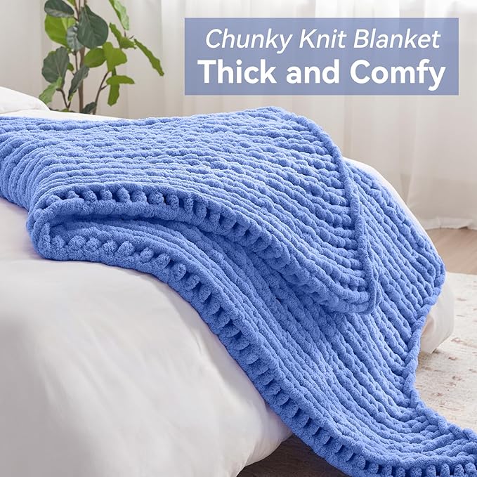 Chunky Knit Throw Blanket, 50''*60'' Knitted Throw Chenille Yarn for Bed Couch, Handmade Light Blue Crochet Big Thick Blanket, Machine Washable Cute Comfy Blanket for Home Decor