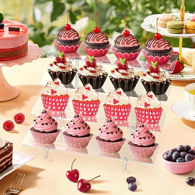 Acrylic Display Riser Stand Shelf Clear 4 Tier Cupcake Stand Perfume Display Holder Figures Desktop Decoration and Organizer Showcase Toys Retail Display Rack Candy Dessert Buffet 4 Step Collection (1 PACK)