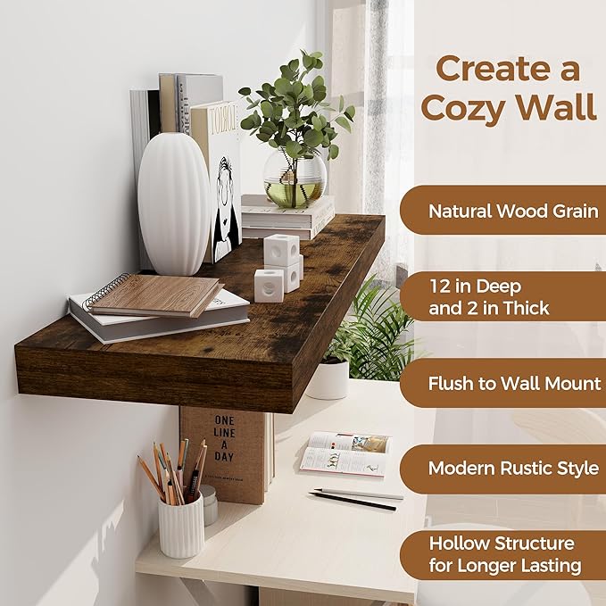 Floating Shelves 36 Inch Long, 12 Inch Deep Floating Shelves for Wall, 36 x 12 Shelves for Wall Storage & Display, 2" Thick Floating Shelf for Bathroom, Living Room, Rustic Brown Color, Set of 1