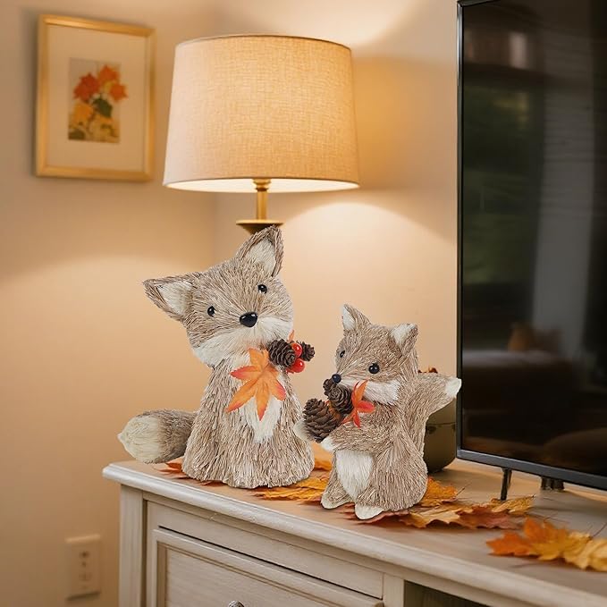 winemana Fall Decor Thanksgiving Decoration Sisal Fox, Set of 2 Table Centerpiece Foxes Animals Figurines, Handmade Ornaments Autumn Fall Decorations for Home Mantel Fireplace