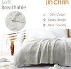 JINCHAN Boho 100% Cotton Muslin Blanket 3-Layer Queen Size 80x90 Inches Geometric Light Grey Lightweight Reversible Soft Comfy Throw for Couch Sofa Bed Coverlet Quilt Large Blanket Bedroom All Seasons