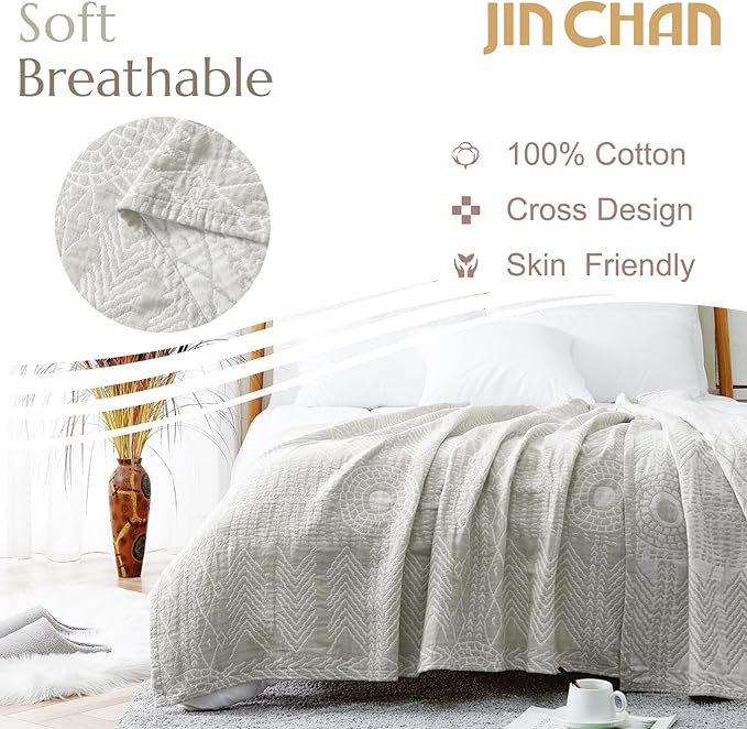 JINCHAN Boho 100% Cotton Muslin Blanket 3-Layer Twin Size Geometric Lightweight Reversible Soft Cozy Throw for Couch Sofa Bed All Season Coverlet Gift Bedroom Living Room Decor Light Grey 60x80 Inches