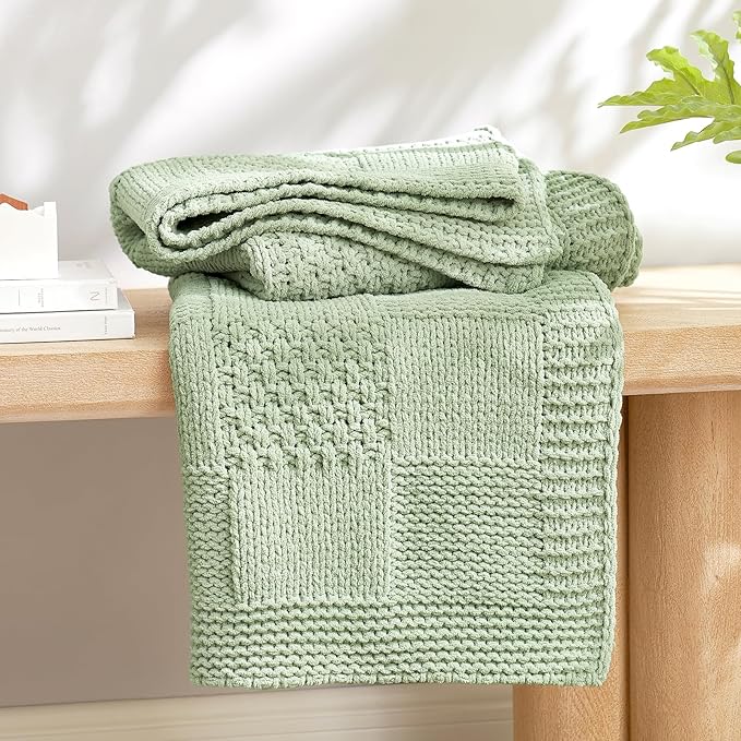 Amélie Home Chenille Knit Throw Blanket for Couch, Checkered Texture Decorative Soft Blanket for Sofa, Bed & Living Room, 60"x80", Sage Green