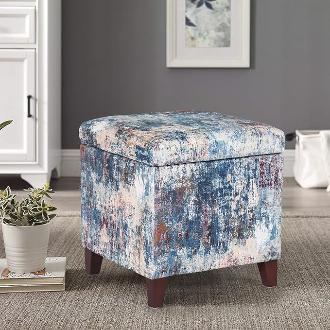 Adeco 18 Inch High Cube Ottoman Storage, Linen Chair Foot Stools, Upholstered Vanity Stool with Hinged Lid, Solid Wood Legs