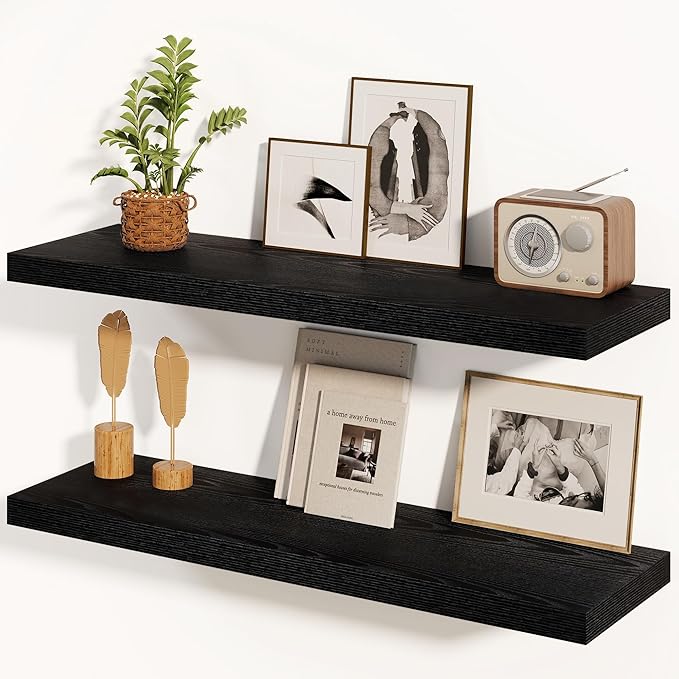 Fun Memories Black Floating Shelves 36 Inch Long, 8 Inch Deep Floating Shelf for Wall, 36" W x 8" D Wall Shelves Set of 2, Black Deep Floating Shelves for Bedroom, Living Room, Kitchen
