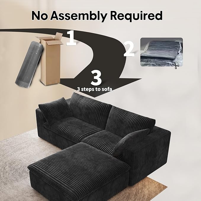 78.74" L Shaped Modern Sofa Modular Sectional Cloud Couch with Ottoman,Upholstered Couches with Plush Corduroy Fabric for Living Room Furniture,Bedroom and Apartment,No Assembly Required,Black