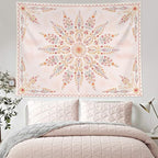 Fowocu Boho Floral Mandala Tapestry for Bedroom Aesthetic Pink Bohemian Flower Wall Tapestry Watercolor Hippie Indian Small Tapestries Wall Hanging for Living Room Dorm Decor 48 x 36 Inch