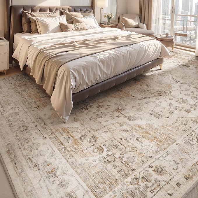 AMOAMI-Area Rug 6X9 Rugs for Living Room-Vintage Soft Beige Rugs for Bedroom-Non Slip Carpet-Machine Washable Rug for Dining Room Living Room Bedroom Office Under Table