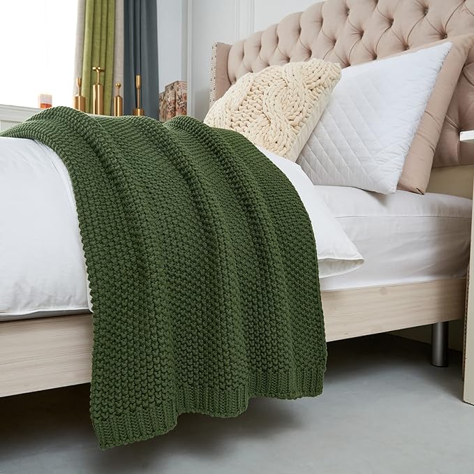 Longhui bedding Chunky Cable Knit Throw Blanket Lightweight Olive Green 100% Organic Cotton Blanket for Sofa Couch Bed Baby Nursery, Rustic Shabby Chic Modern Farmhouse, 60” x 80” Give Laundering Bag