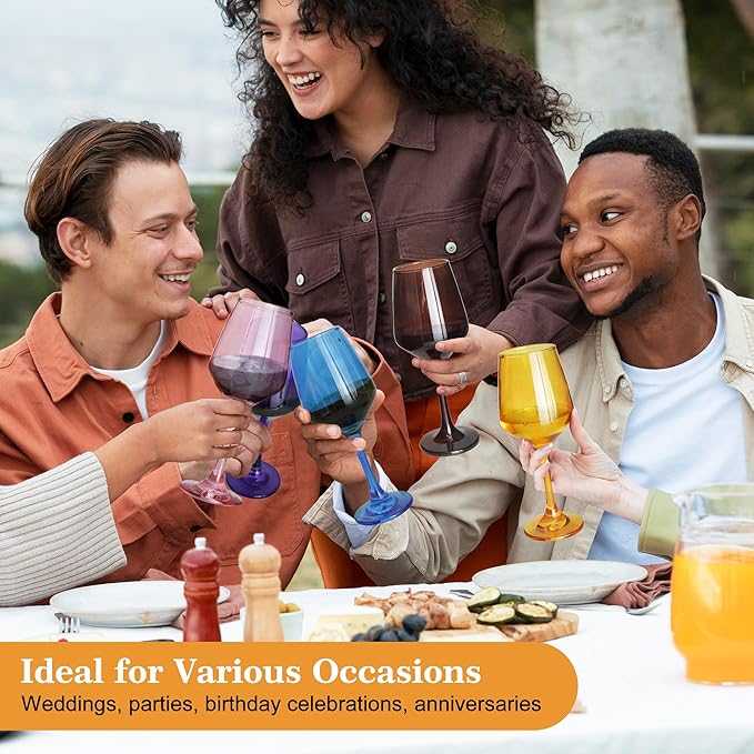 Colored Wine Glasses Set of 6-14oz Colorful Long Stem Wine Glass, Multi Color Pretty Crystal Glassware, Hand Blown Goblets Drinkware, Unique Stemware Wine Glass Holiday Gift Set