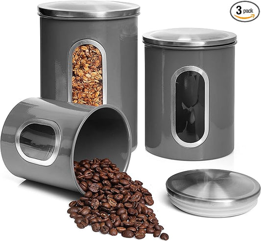Moss & Stone 3-Piece Gray Canisters Sets For The Kitchen, Airtight Canister Set With See Through Window, Storage Jars for Coffee Container, Tea Organizer & Sugar Canister, Gray Kitchen Canisters
