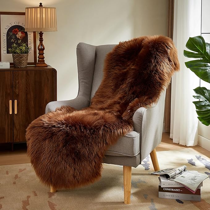 AMTOVO Faux Sheepskin Rug, Coffee Ultra Soft Fluffy Shag Area Rug, 2 x 6 ft Faux Fur Rug for Bedroom Sofa Throw Cushion Room Decor, Sheepskin