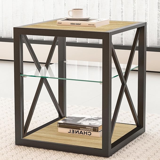 Farmhouse End Table, Modern Side Table with 3-Tier Storage Shelf, Square Rustic Nightstand, Accent Tea Table, for Bedroom Office Living Room, Brown, Natural Wood, Glass, Metal