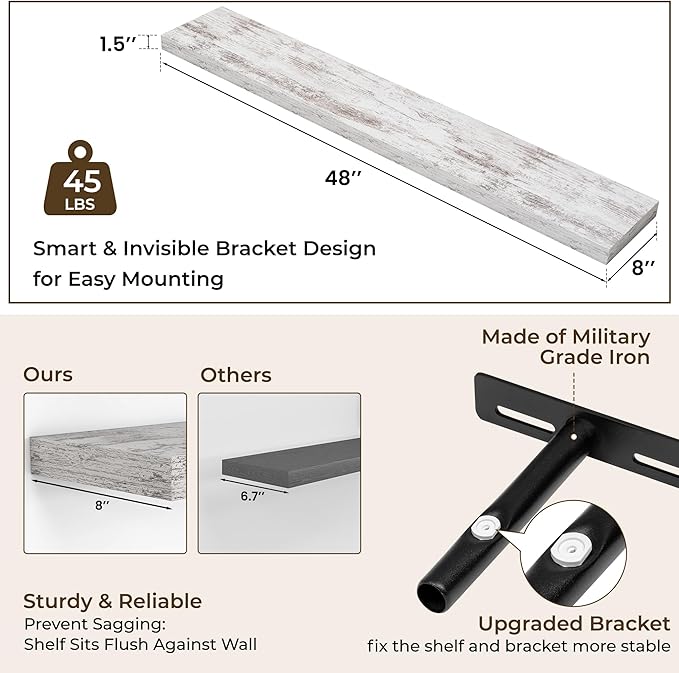 RICHFOCUS 48Inch Floating Shelves for Wall 2 Pack Shelves for Bedroom|Kitchen|Bathroom Wall Mounted Rustic Distressed Wood Floating Shelf with Invisible Brackets for Books|Storage|Decor, Rustic
