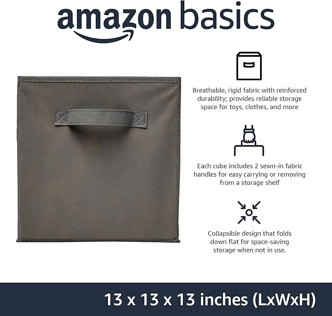Amazon Basics Collapsible Fabric Storage Cube Bins Organizer with Handles, Sturdy, Gray, 13-x-13-x-13-inch, Pack of 6