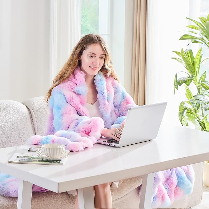 Lotus Karen Faux Fur Throw Blanket Tie-Dye Purple Rainbow - Big Bubble Rabbit Fluff Blanket for Couch, Large Fluffy Fuzzy Cozy Blanket,Thick Furry Plush Shaggy Blankets,108x90 Inches