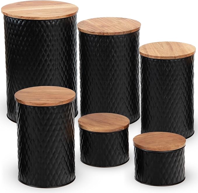6 Canister Set for the Kitchen Countertop – Metal Food Storage Canisters with Airtight Lids for Flour, Tea, Crafts, Coffee, & Sugar – Container Set with Modern Wood Lids, Black