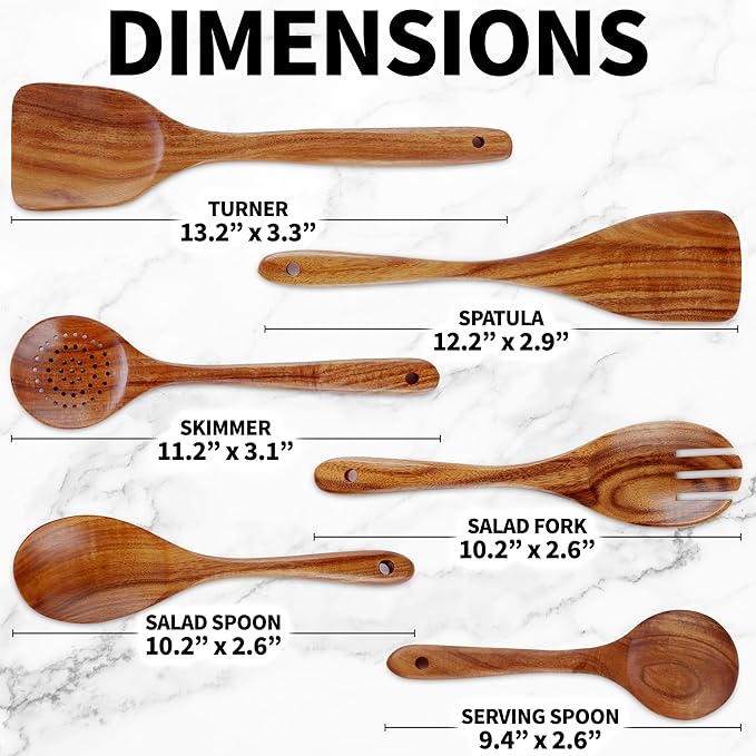 Zulay Kitchen 6-Piece Wooden Cooking Spoons Set – Heat-Resistant, Smooth Teak Utensils with Comfort Grip – Lightweight & Durable – Easy to Clean, Perfect for Non-Stick Cookware