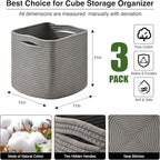 11 Inch Cube Storage Bins, Storage Cube Organizer Bins, Woven Cotton Rope Basket for Storage, Storage Baskets for Organizing Shelves, Grey Baskets for Toys Nursery, Grey (Pack of 3)