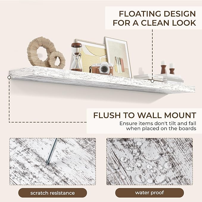 RICHFOCUS 72Inch Floating Shelves for Wall 2 Pack Shelves for Bedroom|Kitchen|Bathroom Wall Mounted Rustic Distressed Wood Floating Shelf with Invisible Brackets for Books|Storage|Decor, Rustic