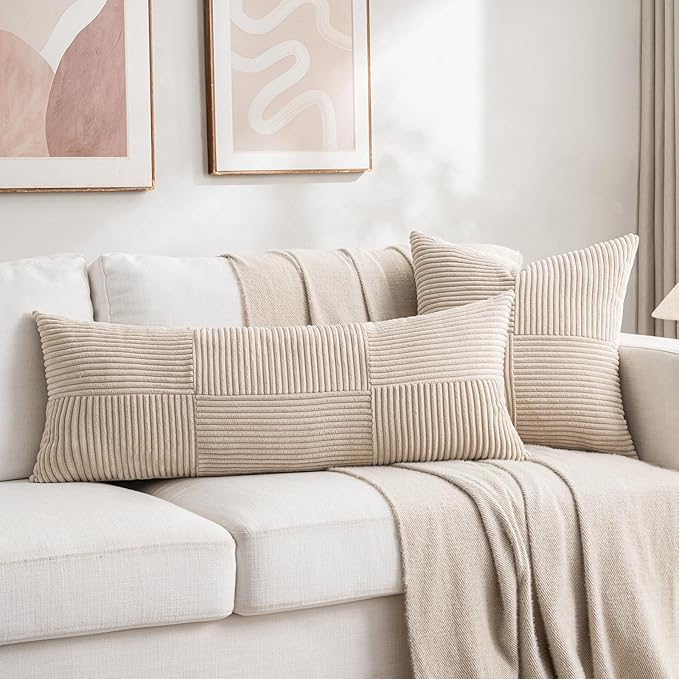 Fancy Homi 2 Packs Tan Decorative Throw Pillow Covers 20x20 Inch for Living Room Couch Bed Sofa, Farmhouse Boho Home Decor, Soft Corss Corduroy Patchwork Accent Square Beige Cushion Case 50x50 cm