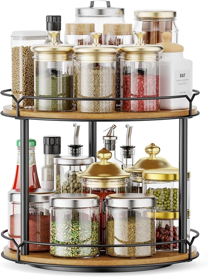 12.4" Lazy Susan Organizer 2 Tier - Rotating Spice Rack, Wooden Spinning Spice Holder for Inside Cabinet, Pantry, Kitchen, Countertop, Bathroom and Vanity, Versatile Storage