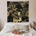 HZOHNAGO Japanese Tapestry Gold Flowers Umbrella Fan Pattern Printed Wall Tapestry Painting Wall Hanging for Bedroom Living Room Dorm 60" W x 60" H