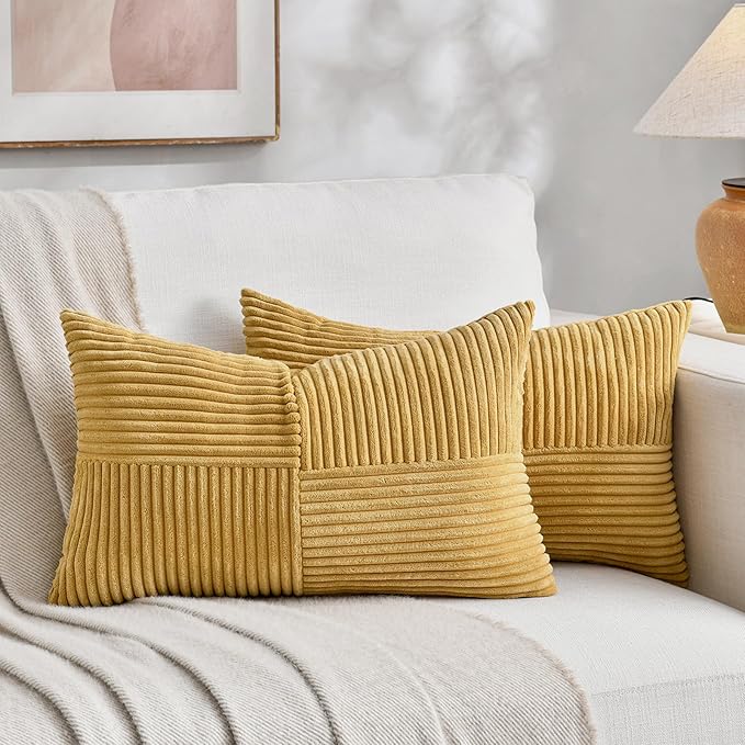 Fancy Homi 2 Packs Mustard Yellow Long Lumbar Decorative Throw Pillow Covers 12x24 Inch for Couch Bed, Rustic Farmhouse Boho Home Decor, Soft Striped Corduroy Rectangle Accent Cushion Case 30x60 cm