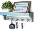 Rebee Vision Farmhouse Pine Wood Key Holder Wall Mount for Home Decor - Rustic Wall Key Holder with Shelf for Home Improvement - Ideal Entryway Organizer in Living Room (Distressed Blue)