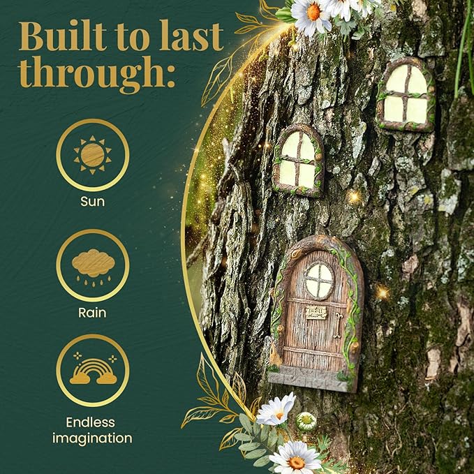 Fairy Door and Windows – Glow in The Dark Yard Art Sculpture Decoration for Kids Room, Wall and Trees Outdoor | Miniature Garden Outdoor Decor Accessories with Bonus Fairy Lantern