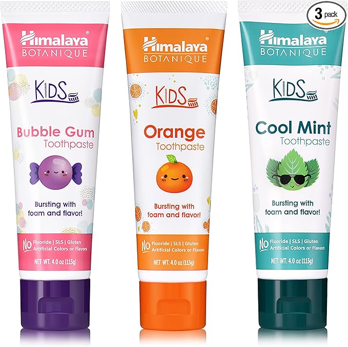 Himalaya Botanique Kids Toothpaste with Xylitol, Variety Pack of Bubble Gum, Orange & Cool Mint - Fluoride Free Toothpaste - Vegan, Gluten Free, No Artificial Flavors or Colors, 4 oz (Pack of 3)