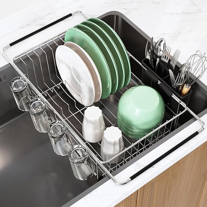 MAJALiS Dish Drying Rack in Sink - Small Dish Drainers for Kitchen Sink, Over The Sink Dish Racks with Utensil Holder, Stainless Steel Dish Rack in Sink, Silver